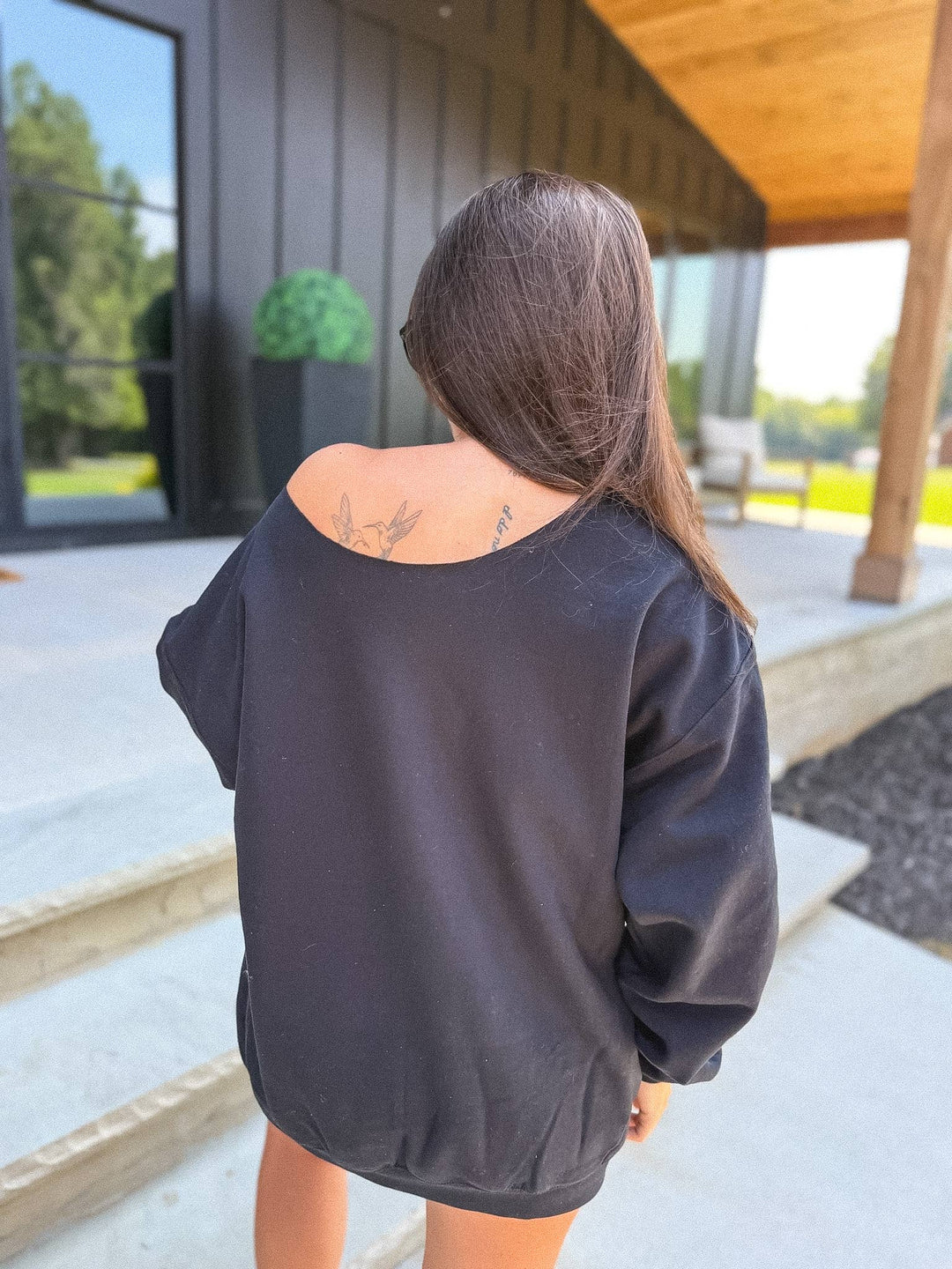 Boyz in the Woods Off Shoulder Graphic Crewneck in Black
