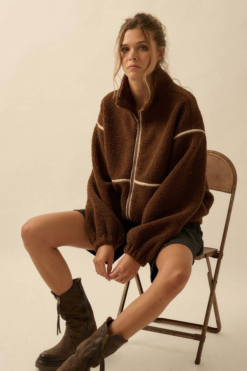 Faux Leather-Trimmed Sherpa Fleece Zip-Up Jacket