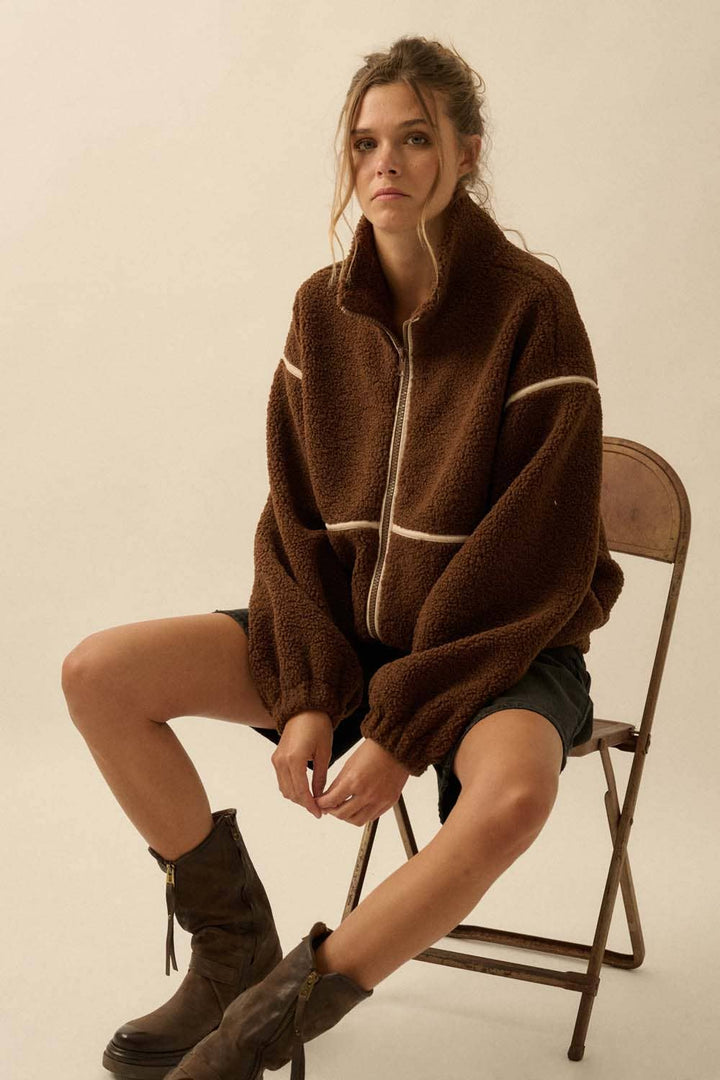 Faux Leather-Trimmed Sherpa Fleece Zip-Up Jacket