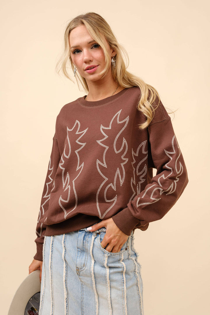 Western Boots Stitch Pullover Sweatshirt