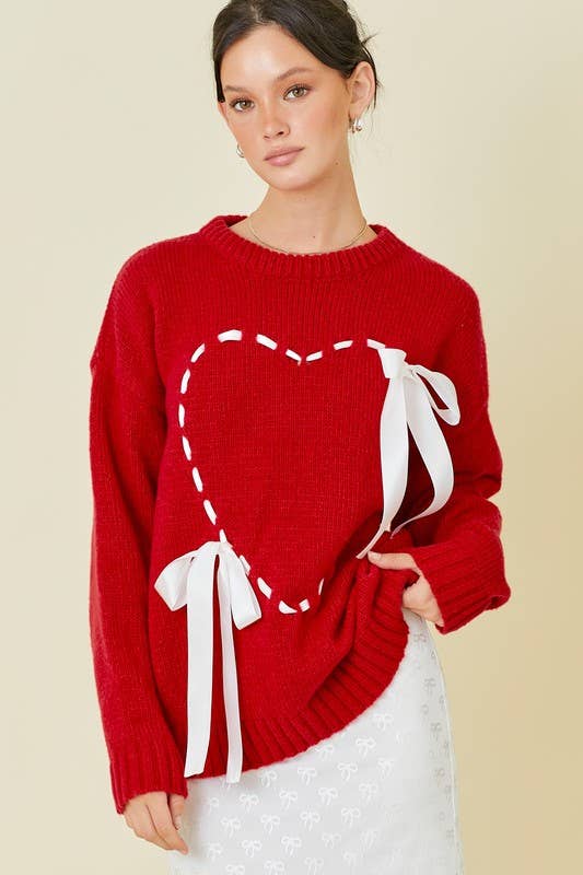 Sweater Top With Heart Detail Ribbon Bow tie