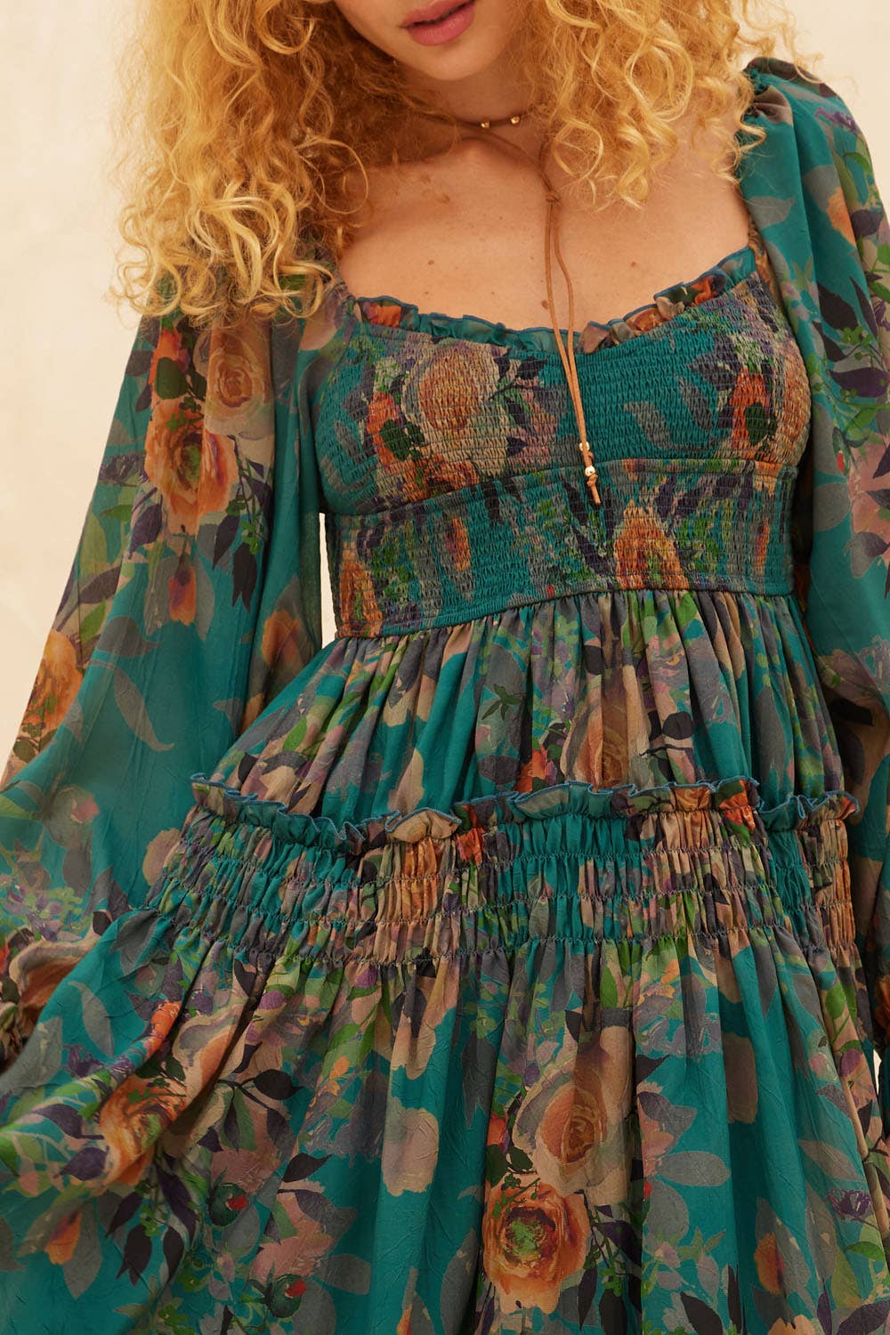 Floral-Print Smocked Bubble Sleeve Maxi Dress