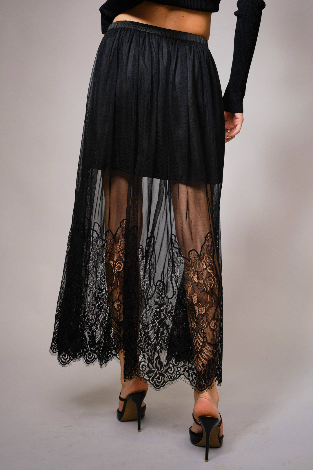 Sheer Mesh Lace Mini Lined Maxi Skirt