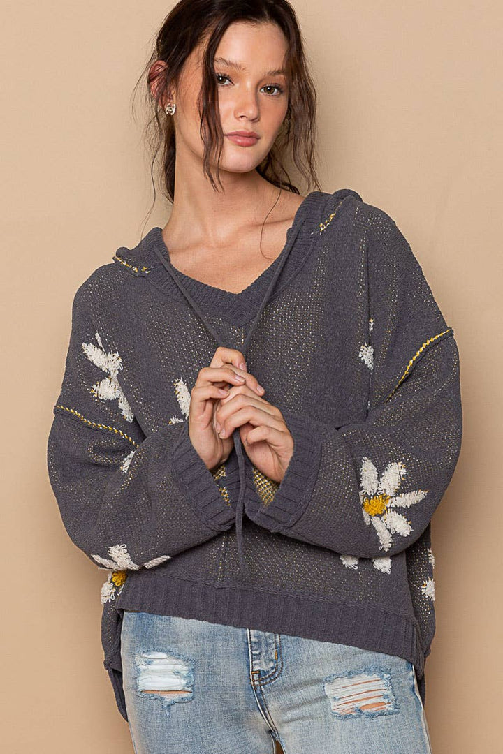 Hooded v-neck floral pattern ribbed openings sweater SALE