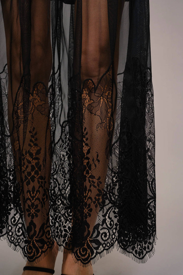 Sheer Mesh Lace Mini Lined Maxi Skirt