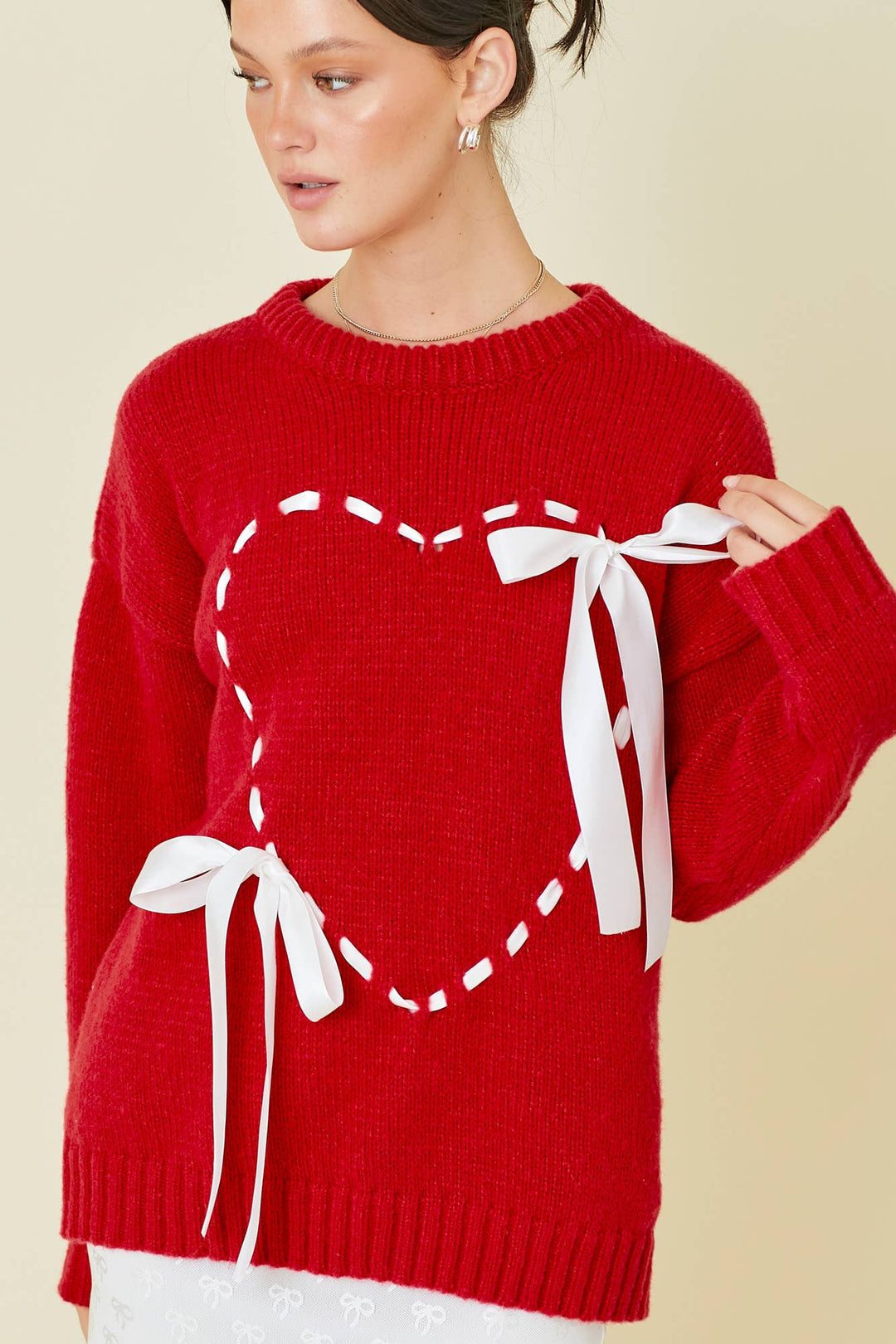 Sweater Top With Heart Detail Ribbon Bow tie