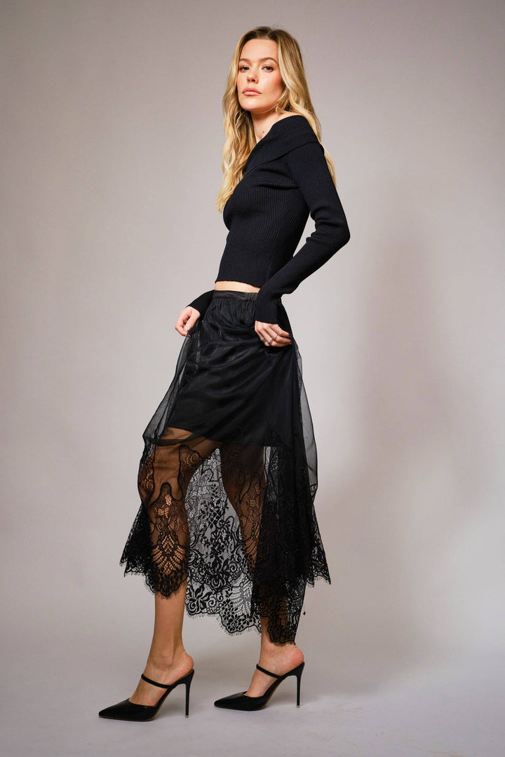 Sheer Mesh Lace Mini Lined Maxi Skirt