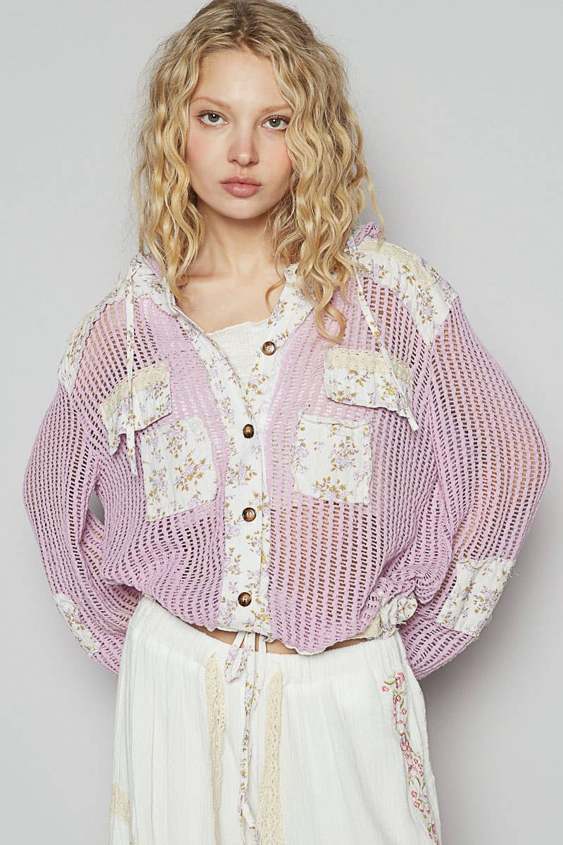 Vintage washed floral print patch crochet jacket