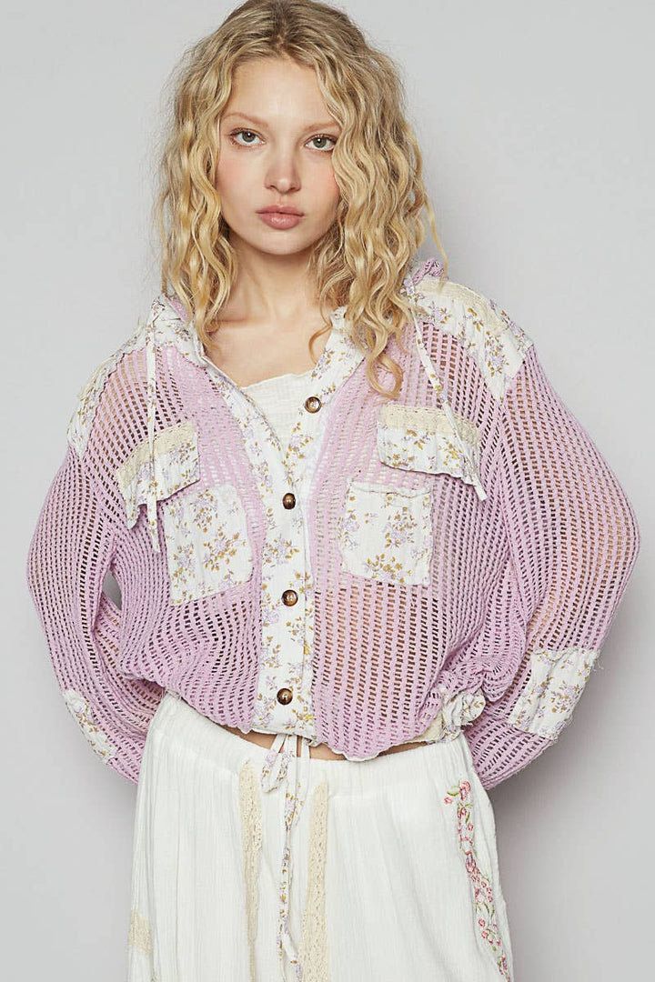 Vintage washed floral print patch crochet jacket
