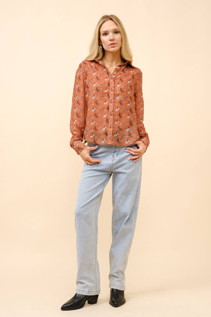 23173T - Chiffon Western Print Blouse