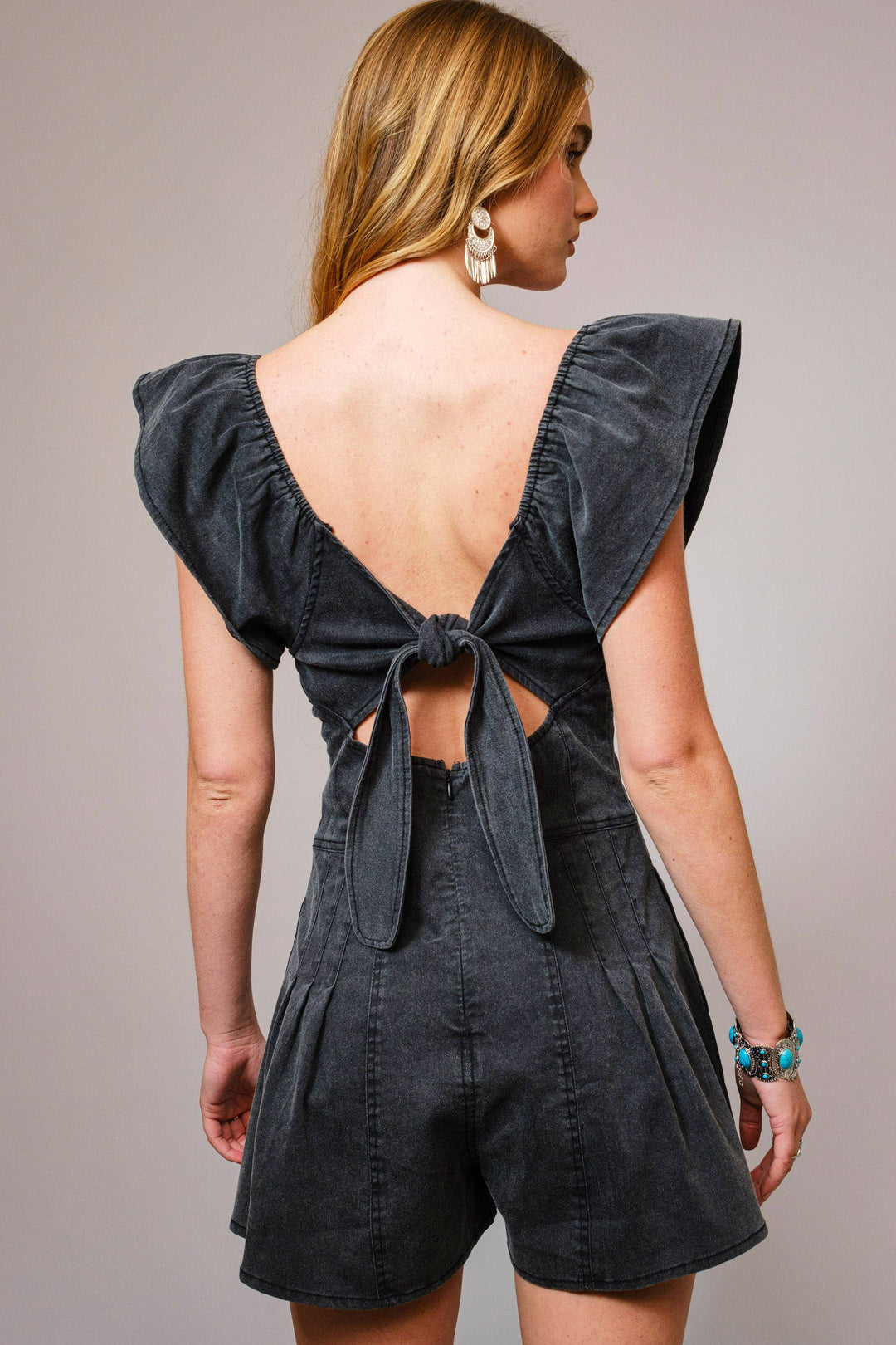 52112R - Sweetheart Ruffle Sleeve Denim Romper