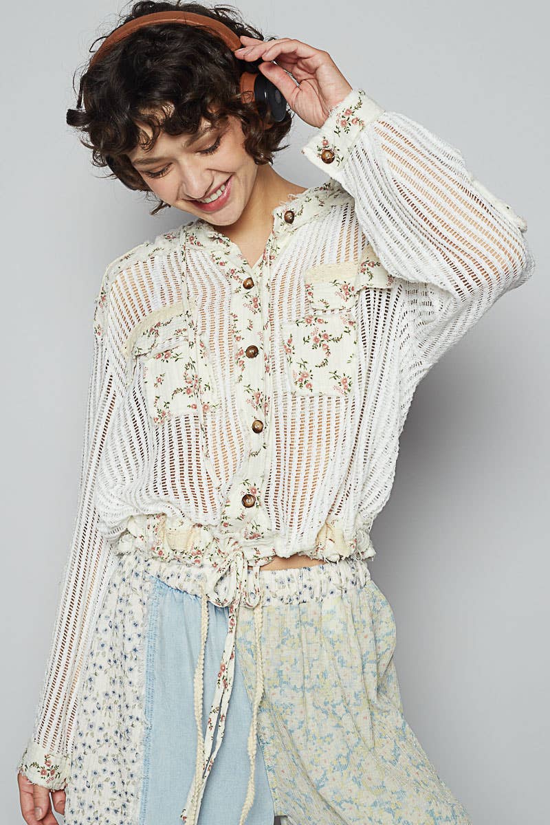 Vintage washed floral print patch crochet jacket