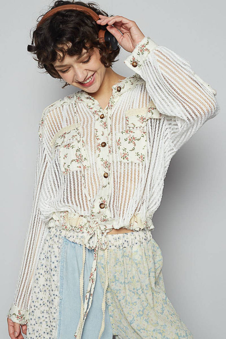 Vintage washed floral print patch crochet jacket