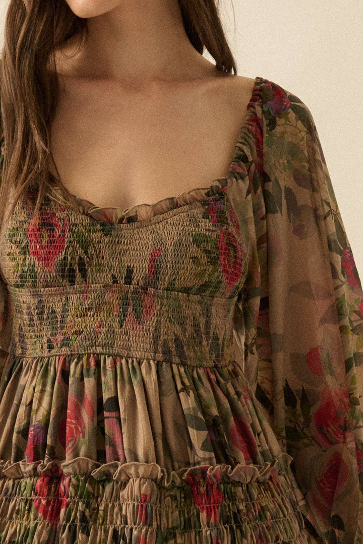 Floral-Print Smocked Bubble Sleeve Maxi Dress