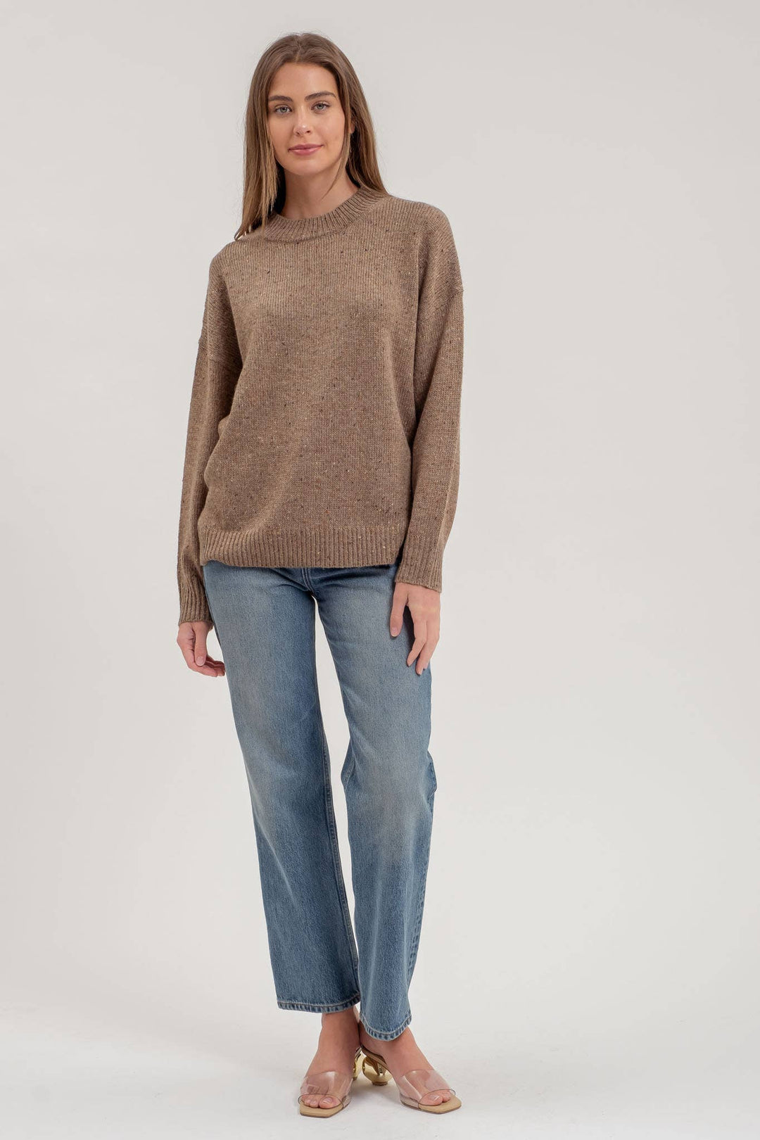 SPECKLE KNIT MOCK NECK LONG SLEEVE SWEATER