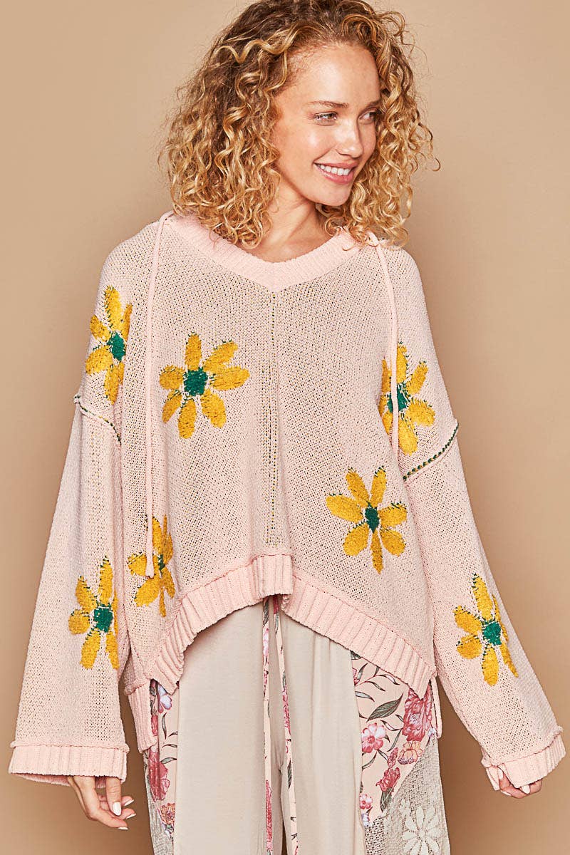 Hooded v-neck floral pattern ribbed openings sweater SALE