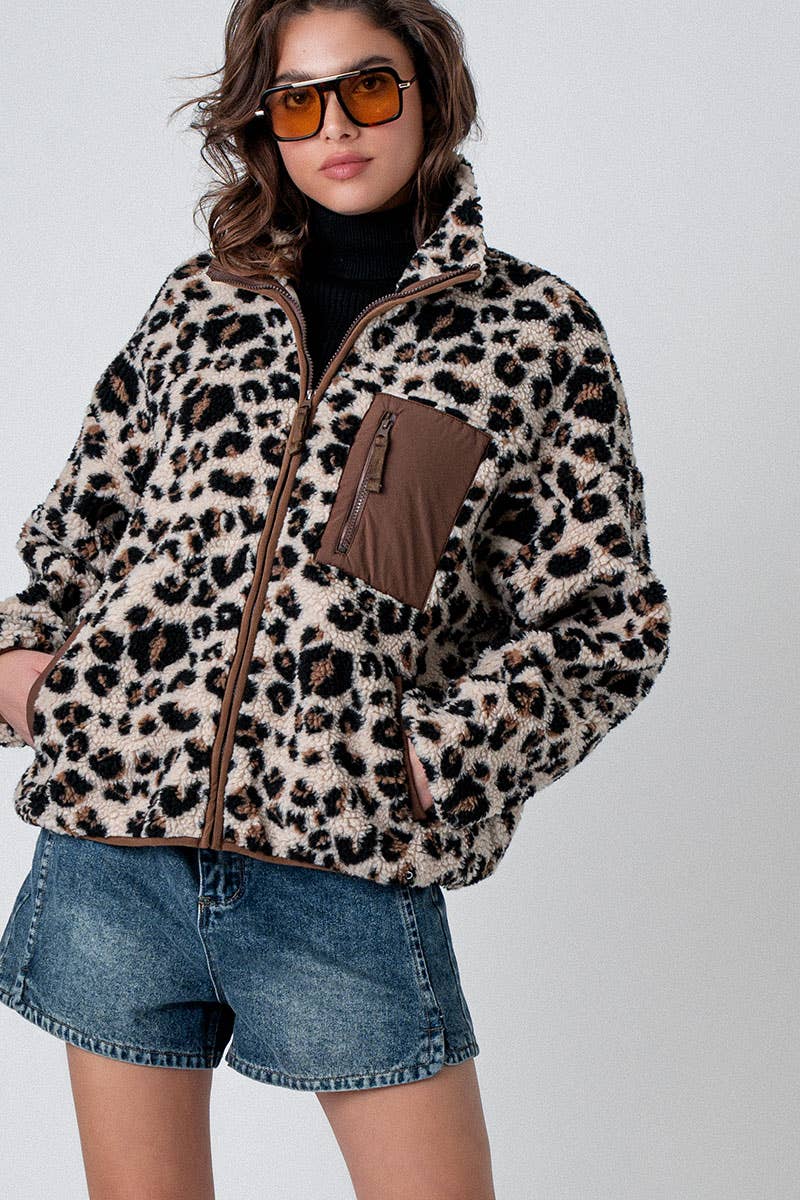 Animal Print Fleece Zip Up Jacket