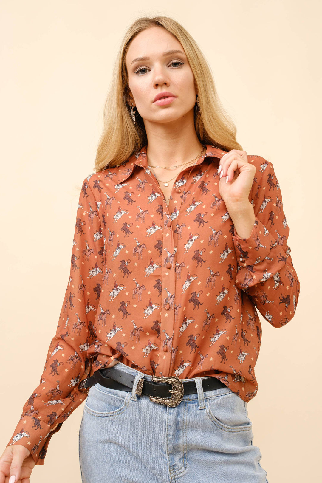 23173T - Chiffon Western Print Blouse