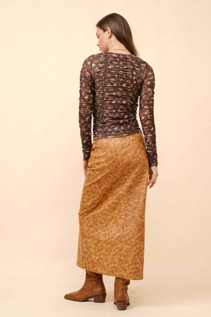 23046T - Ruched Western Print Mesh Top