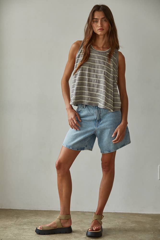 RJ3521 | Knit Striped Round Neck Sleeveless Tank Top