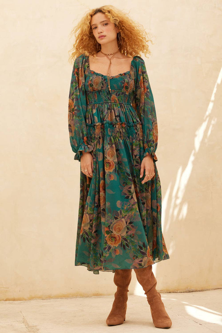Floral-Print Smocked Bubble Sleeve Maxi Dress