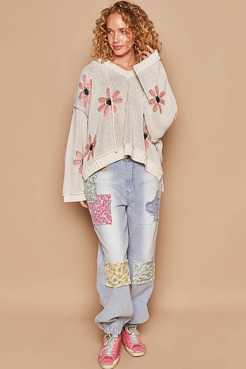 Hooded v-neck floral pattern ribbed openings sweater SALE