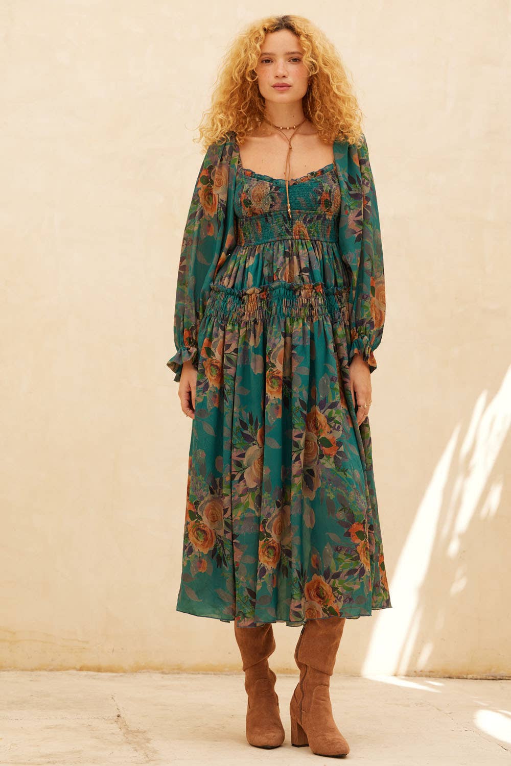 Floral-Print Smocked Bubble Sleeve Maxi Dress