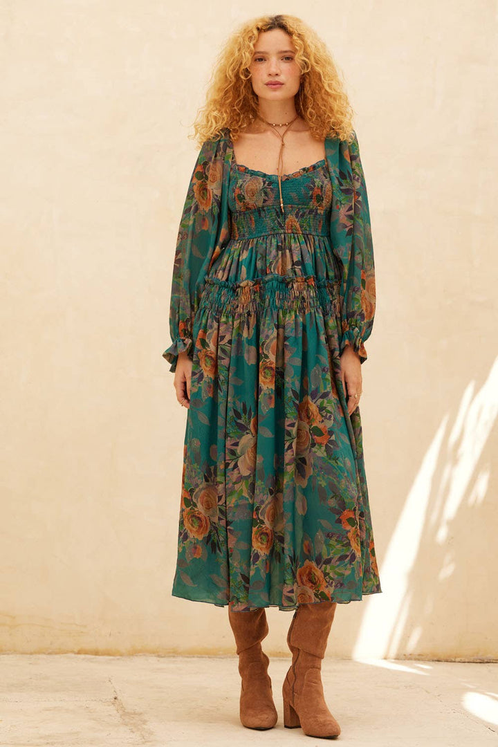 Floral-Print Smocked Bubble Sleeve Maxi Dress