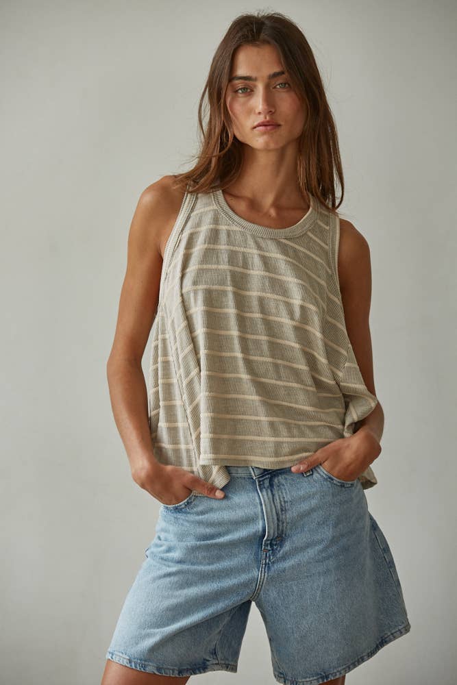 RJ3521 | Knit Striped Round Neck Sleeveless Tank Top