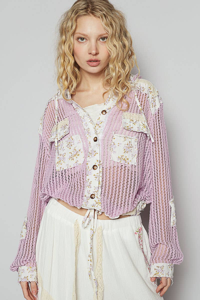 Vintage washed floral print patch crochet jacket