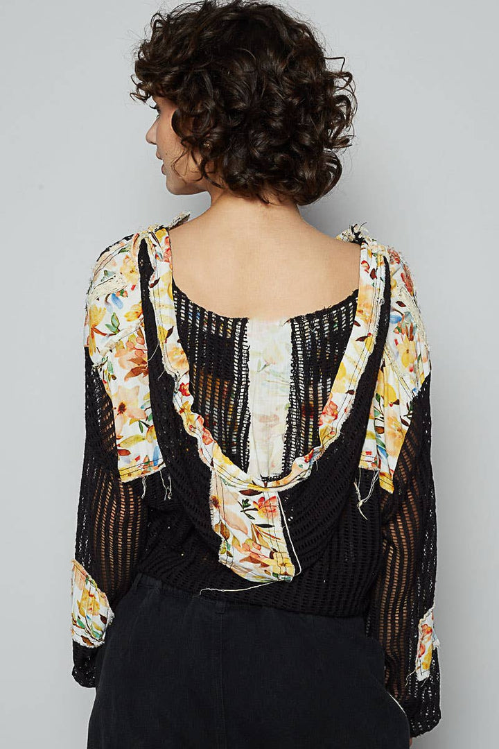 Vintage washed floral print patch crochet jacket