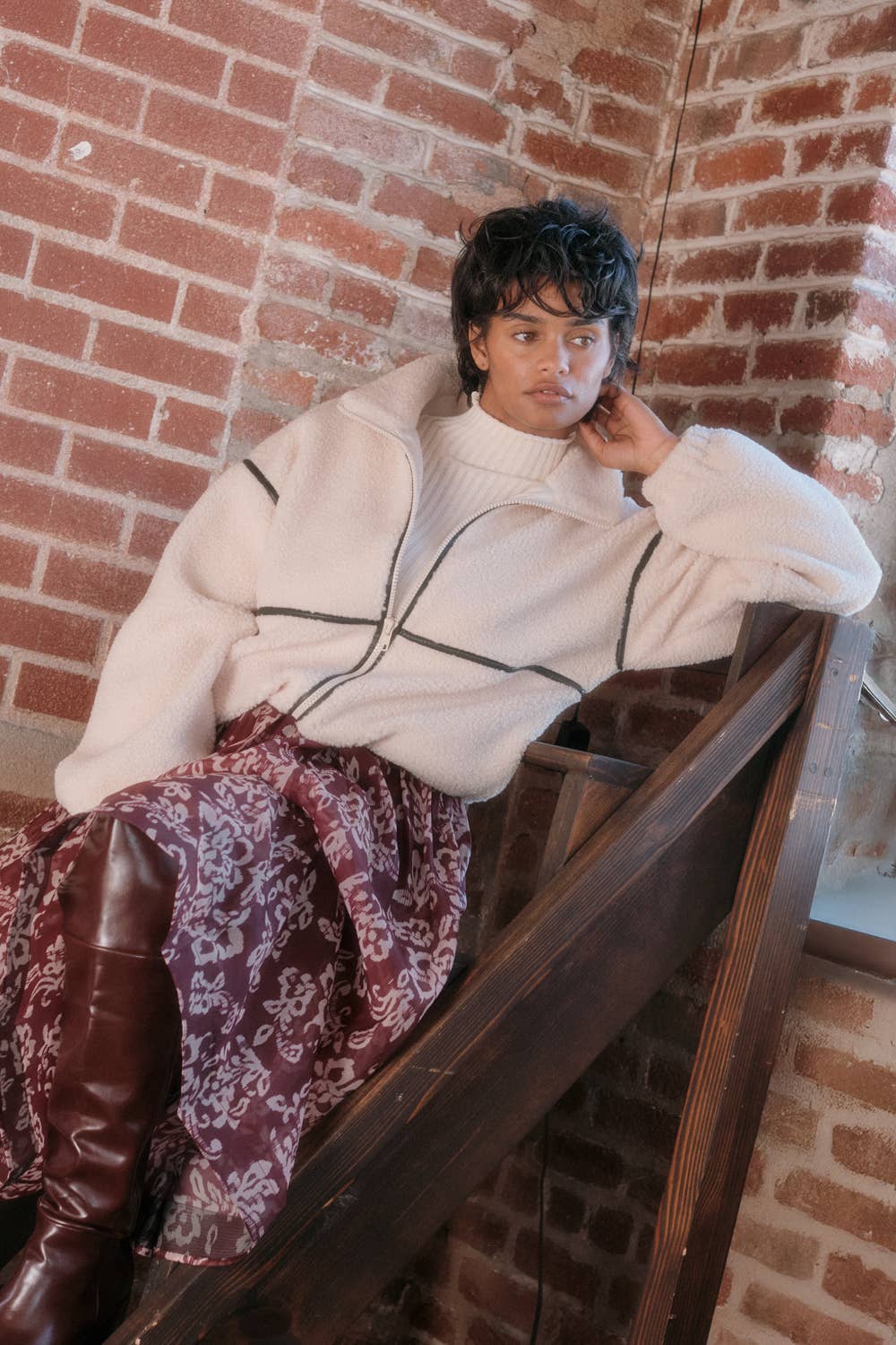 Faux Leather-Trimmed Sherpa Fleece Zip-Up Jacket