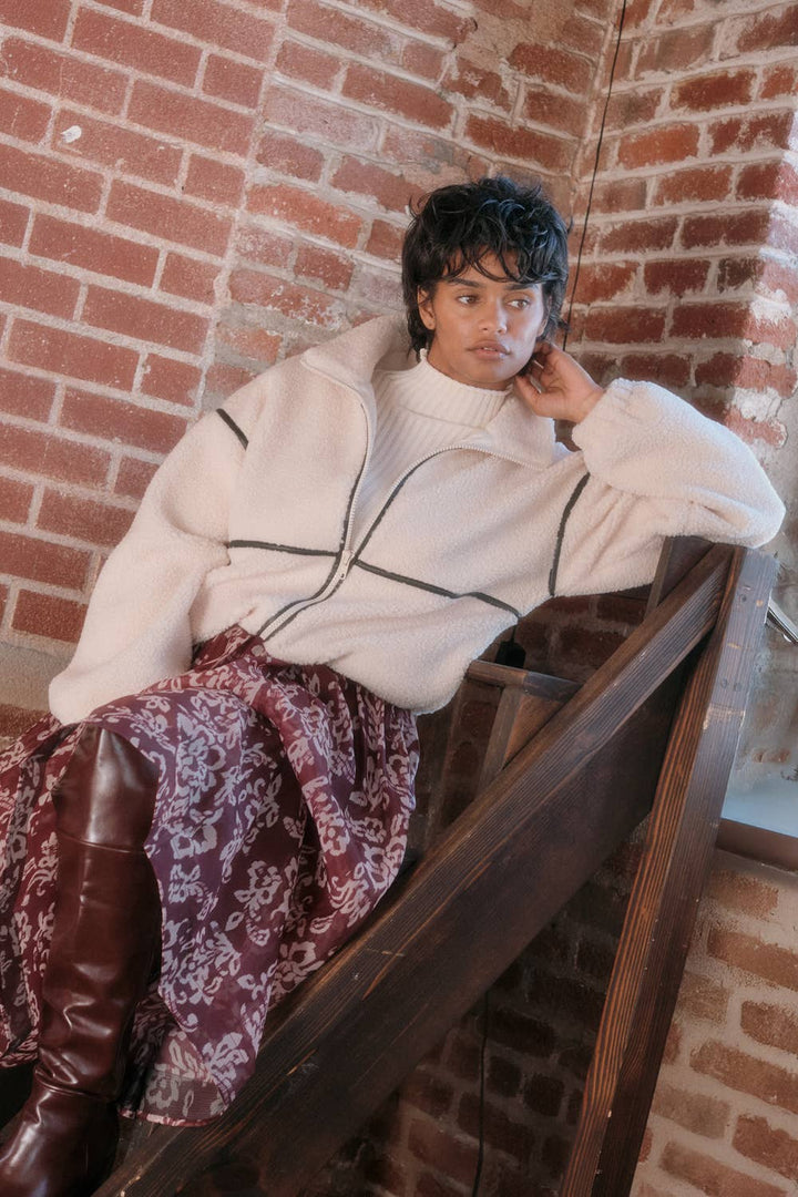 Faux Leather-Trimmed Sherpa Fleece Zip-Up Jacket