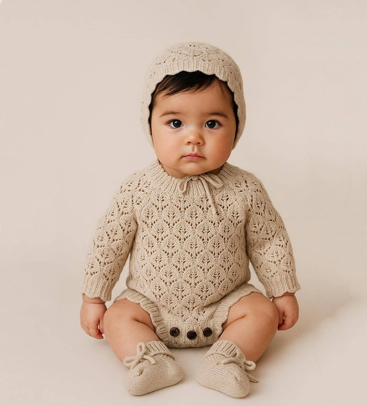 Lacy Vintage Pearl Romper + Bonnet
