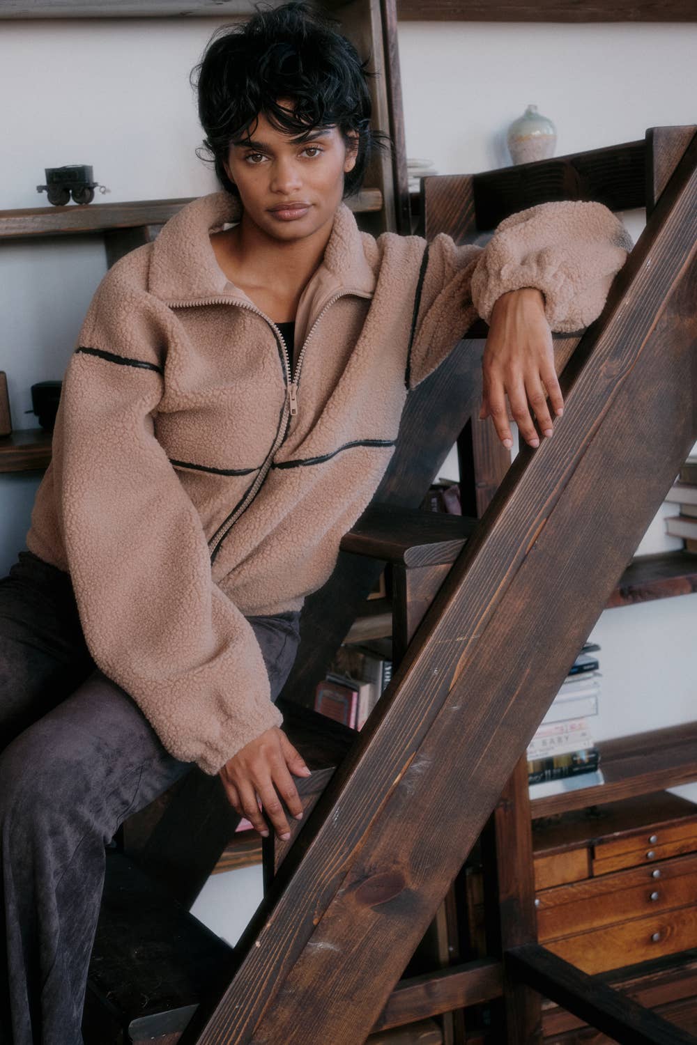 Faux Leather-Trimmed Sherpa Fleece Zip-Up Jacket