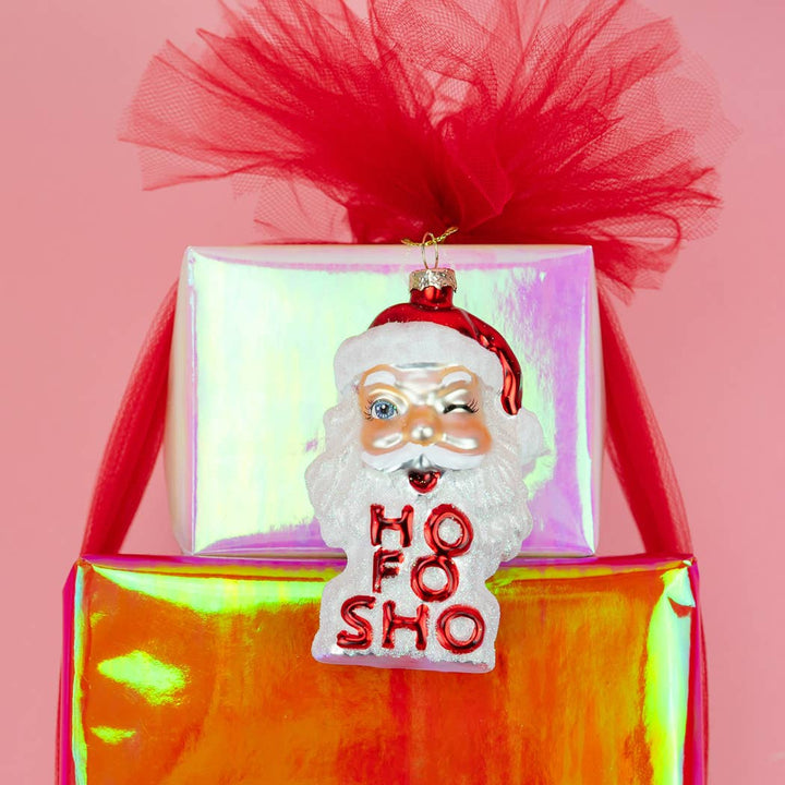Ho Fo Sho - Winking Santa Glass Ornament, Holiday Gift