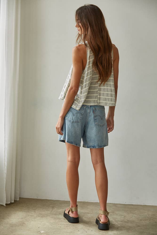 RJ3521 | Knit Striped Round Neck Sleeveless Tank Top