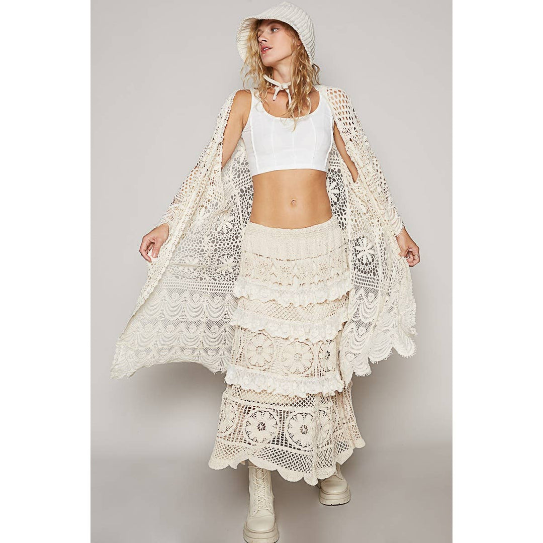 Crochet bell sleeve long open cardigan